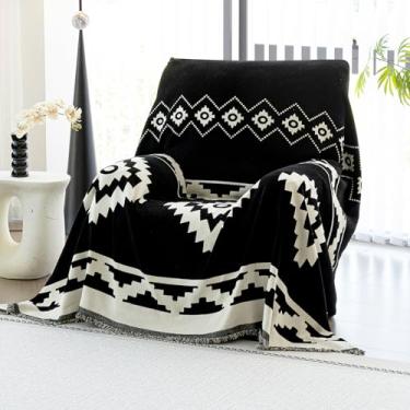 Imagem de JPGGD Capa de sofá Boho para sofá, cobertor de chenille para cães lavável, capas de sofá de chenille, capas boêmias para sofás e sofás, capas para poltronas reclináveis (180 x 180 cm/preta/1 peça)