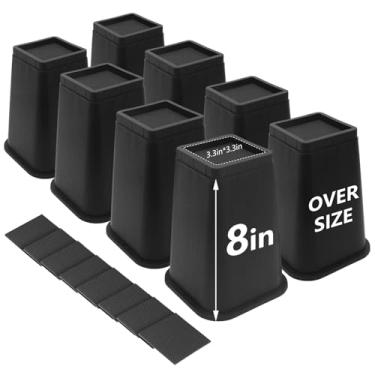 Imagem de HANIHUA Pacote com 8 peças de elevação para cama de 20 cm resistentes, elevadores de móveis para dormitório Twin XL mesa sofá sofá armário moldura de cama, elevadores de cama pretos