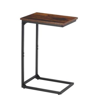 Imagem de Mesa de canto em forma de C, mesa C para sofá, pequena mesa de sofá com moldura de metal para sala de estar, quarto, marrom rústico e preto