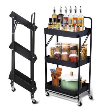 Imagem de Prateleira dobrável de armazenamento de malha de 3 camadas unidade de prateleiras de armário portátil com rodas removíveis de 360° para cozinha/sala de estar/banheiro/lavanderia/despensa/garagem