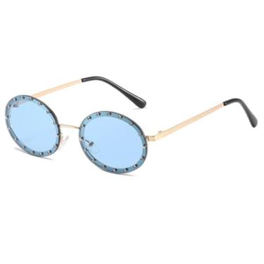 Imagem de Óculos de Sol Redondos Sem Aro com Strass, Armação Metálica, Proteção UV400 (Dourado-Azul)