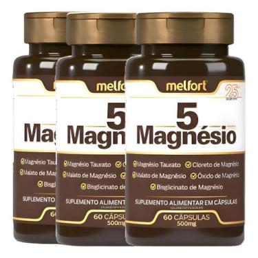 Imagem de 3x 5 Magnésio Malato Hidróxido Taurato Bisglicinato 60 Cápsulas 500mg 