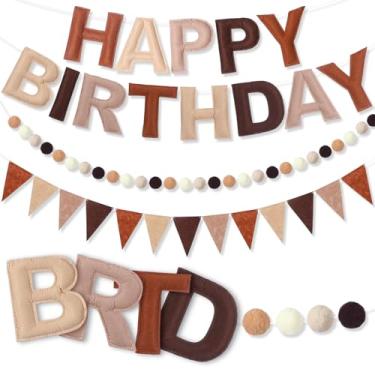 Imagem de Oudain 4 pçs faixa de feliz aniversário pré-amarrada feltro feliz aniversário guirlanda pompom bolas bandeira galhardete de feltro bandeira multicolorida bandeiras triangulares reutilizáveis