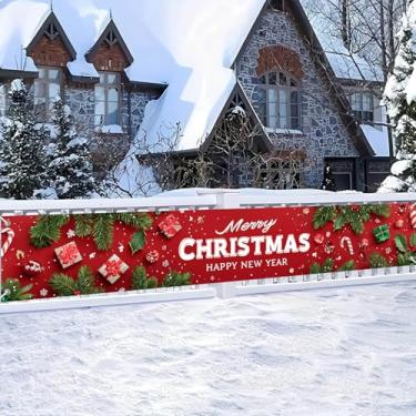 Imagem de HOMETITUTE 299,7 x 50,8 cm Banner Feliz Natal Feliz Ano Novo Fundo Vermelho Feriado Caixas de Presente Cana Doce Design de Ramo de Pinheiro Banner de Natal para pendurar varanda cerca parede cenário