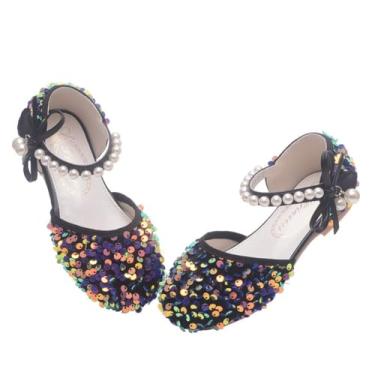 Imagem de Sapatilhas de balé lindas para meninas pequenas bailarinas brilhantes com alça de pérola, princesa, sapato de dança infantil com lantejoulas, vestido de festa Mary Jane, Preto, 9 Toddler