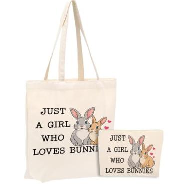 Imagem de jeilink Sacola de lona em aquarela dinossauro cavalo lobo raposa vaca frango com bolsa de maquiagem para mulheres meninas aniversário Natal, Cute Rabbit 1168, Large