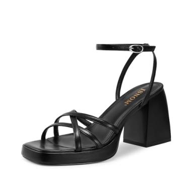 Imagem de ISNOM Salto plataforma feminino confortável com tiras salto curto bloco grosso tira tornozelo simples verão sandálias de salto quadrado, Deepblack Largura padrão atualizada, 40