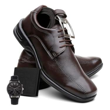 Imagem de Kit Sapato Social Masculino Ortopédico Couro Legítimo Máximo Conforto Com Cinto Carteira e Relógio Para Trabalho Festa e Casamento (Marrom/Amarrar, BR, Adulto, Numérico, 40)