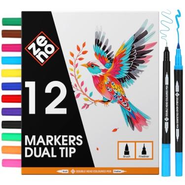Imagem de ZENO Conjunto de 12 marcadores de ponta dupla -C – marcadores de colorir sem sangramento para adultos – ponta fina e pincel – canetas aquarela para diário, livros de colorir e artistas