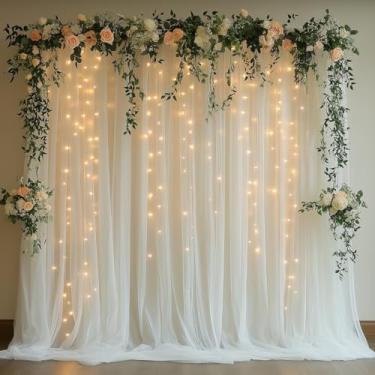 Imagem de EaziCozi Cortina de fundo de tule branco com cordão de luzes - pano de fundo transparente de 3 x 2,4 m com 250 LEDs para casamento, chá de bebê, chá de panela, fundo de sessão de fotos de festa de