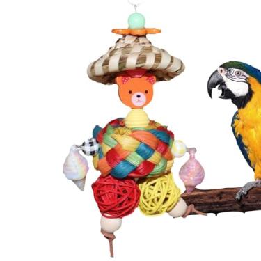 Imagem de Brinquedos de papagaio grandes | Brinquedos de mastigar pássaros naturais com design em forma de homem de chapéu de palha | Bola de aninhamento interativa colorida para crianças, família, amigos, casa