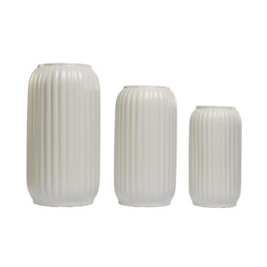 Imagem de Decoração Escritório - Kit 3 Vasos Decorativos de Cerâmica Off White | Arranjo de Flores Artificiais, Riscado, Minimalista e Sofisticado, Ideal para Sala, Casa e Workspace Sem Cuidadosa