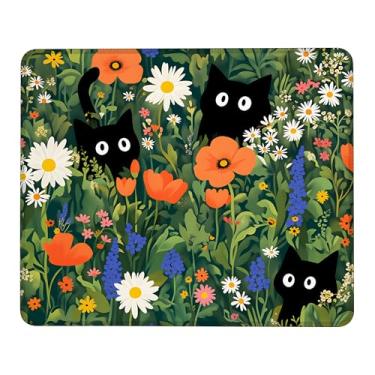 Imagem de Tapete de rato quadrado com borda costurada, gato preto com flores, tecido lavável, tapete de rato de computador com base de borracha antiderrapante, tapetes de rato para computadores e laptop rato 24