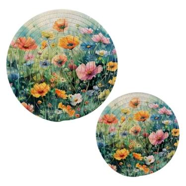 Imagem de Blueangle 2 peças de suporte de panela para pintura de flores coloridas - conjunto de pegadores de panela de tecido redondo - almofadas quentes trançadas de algodão - porta-copos - tapetes de mesa