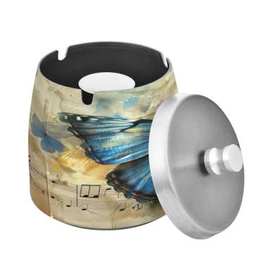 Imagem de Blueangle Cinzeiro de borboleta azul vintage com tampa para cigarros, à prova de vento/chuva, aço inoxidável, sem fumaça, inodoro, cinzeiro para uso interno ou externo (540)