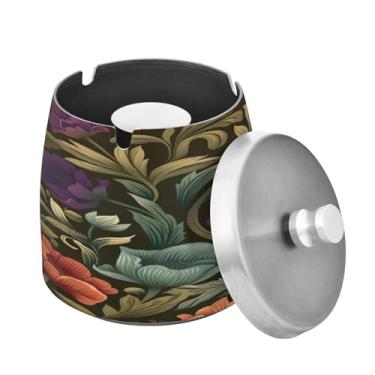 Imagem de Blueangle Cinzeiro de flores em aquarela com tampa para cigarros, à prova de vento/chuva, aço inoxidável, sem fumaça, inodoro, cinzeiro para uso interno ou externo (214)