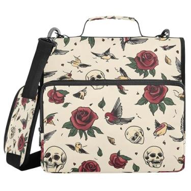 Imagem de SEHANY Fichário com zíper de caveira e flor com alça de ombro, capacidade para 500 folhas, vários bolsos, fichário com 3 anéis e zíper de 3 anéis