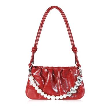 Imagem de Popizard Bolsa feminina para noite - Bolsa de ombro pequena de poliuretano antifurto com corrente removível alça ajustável, Corrente vermelha + pérola