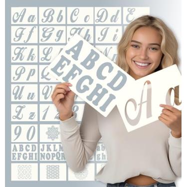 Imagem de Estêncil de mandala com 124 números do alfabeto, pequeno, grande, minúsculo, 5 cm e 10 cm, artes, artesanato, letras, estêncil, modelo reutilizável para caligrafia, pintura faça você mesmo, tecido de