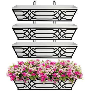 Imagem de cheehigo Pacote com 4 caixas de corrimão de 61 cm para plantas ao ar livre, suportes ajustáveis para varanda e janela de varanda com forro de tecido não tecido para pendurar cestas de flores