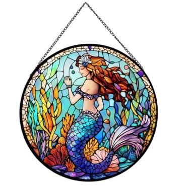 Imagem de Payutou Vitral pendurado, painel de vidro para apanhadores de sol de 20 cm para porta, casa, sereia, apanhador de sol, decoração para decoração de parede do oceano, Natal, aniversário, presente para