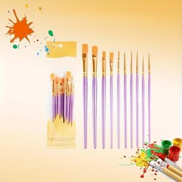 Imagem de Conjunto de 10 pincéis de cerdas de nylon vibrantes – Alças de plástico duráveis, perfeitas para obras de óleo, aquarela e guache, seleção multicolorida (roxo)
