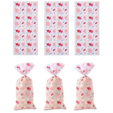 Imagem de 50 sacos de plástico OPP com estampa de caixa de presente e amor para doces, lembrancinhas de festa, dia dos namorados, decoração de casamento, sacos de celofane com cordão para presentes