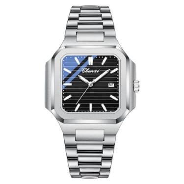 Imagem de OIDEA Relógios masculinos quadrados: Relógio de pulso masculino analógico de quartzo com caixa retangular clássica, pulseira de aço inoxidável, luminosa, à prova d'água, data, negócios, relógio de