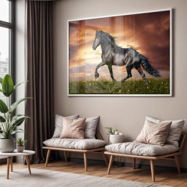 Imagem de Quadro Decorativo Cavalo Preto com Moldura Caixa Acrílico Cristal para Sala e Quarto Horizontal (Moldura Branca, 130x90)