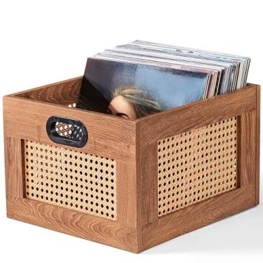 Imagem de LELELINKY Caixa de armazenamento de discos de vinil, porta-discos de vinil de vime com alça, caixa de disco de madeira para suporte de vinil de até 75 LPs, armazenamento de álbum de cubo de mesa para