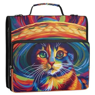 Imagem de CEBUGI Fichário de 3 anéis com zíper com alça de ombro, pasta de arquivo expansível de 3,8 cm, anéis D, para escola, escritório, cinco de maio, gato