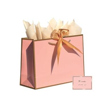 Imagem de Saco de presente com papel de seda – 1 bolsa de presente rosa com fita, 1 cartão de felicitações e 2 folhas de lenço, bolsa de presente para aniversário, casamento, Natal