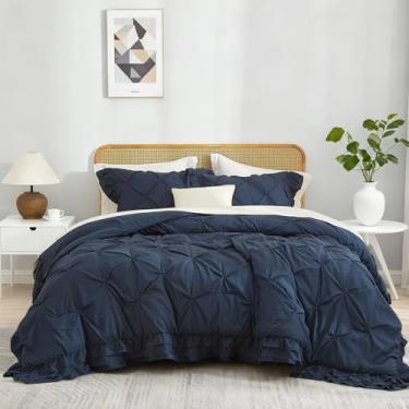 Imagem de REYOS Jogo de cama king size com 2 fronhas, respirável, de microfibra escovada, para meninas, meninos, liso, com babados, conjunto de edredom para decoração de casa, azul marinho, 264 x 221 cm