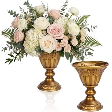 Imagem de Vasos de flores dourados envelhecidos para centros de mesa, tigela de flores vintage com pedestal de metal, vaso de ouro rústico para decoração de mesa de casamento, arranjos florais, decoração de
