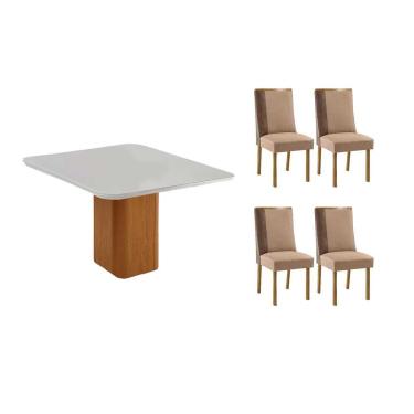 Imagem de Sala Jantar Mesa Maldivas Tampo c/ Vidro Curvo 90cm+4 Cadeiras Tilia Madeira Naturale/Off White - Capuccino/Linho Capuccino - Rufato