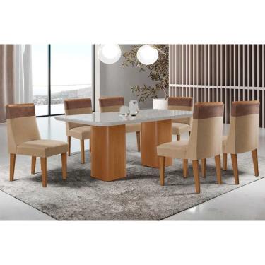 Imagem de Sala Jantar Mesa Maldivas Tampo c/ Vidro Curvo 180cm+6 Cadeiras Jaspe Madeira Naturale/Off White - Capuccino/Linho Bege - Rufato