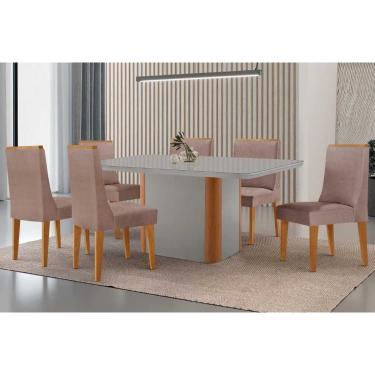 Imagem de Sala Jantar Mesa Pietá Tampo c/ Vidro Curvo 180cm+6 Cadeiras Dakota Naturale/Off White - Linho Capuccino - Rufato