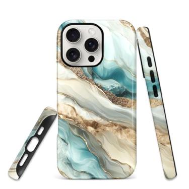 Imagem de HCTYKHVTYS Capa para iPhone 16 Pro Max, proteção de 2 camadas de silicone TPU e capa rígida de policarbonato, design elegante dourado azul-petróleo com padrão de ágata, antiqueda, proteção estética de