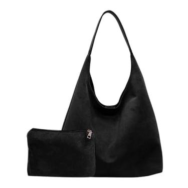 Imagem de Bolsa feminina de camurça com bolso, bolsa de ombro retrô de grande capacidade, bolsa Hobo para trabalho, viagens, compras, Preto, One Size