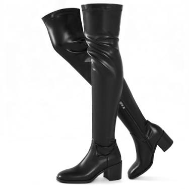 Imagem de Voviggiw Botas de cano alto pretas para mulheres, salto grosso, acima do joelho, botas longas confortáveis, elásticas, com zíper lateral, Preto, 39