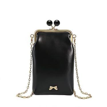 Imagem de LAGO DE SAC Bolsa tiracolo pequena de corrente de couro para mulheres, bolsa de celular de grife, carteira com fecho de beijo, bolsas de ombro fofas (preto)