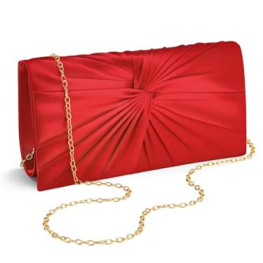 Imagem de XquiziFit Bolsa clutch feminina formal para noite com corrente removível de cetim torcido para festa de casamento, Vermelho