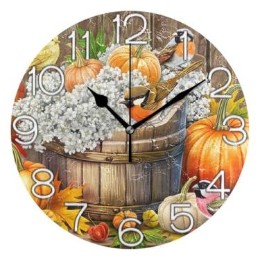 Imagem de GAIGEO Relógio de parede analógico decorativo estético silencioso sem tique-taque para sala de aula, relógio de escritório, decoração de parede de casa de fazenda moderna, pássaros de outono colorido