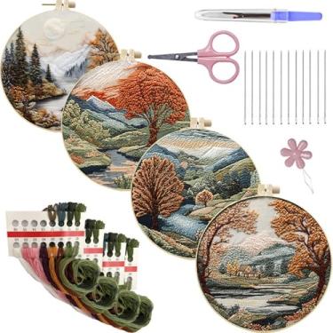 Imagem de SCECALA Pacote com 4 kit de bordado para iniciantes – paisagem natural e árvore de montanha com padrão de bordado, argola, suprimentos completos de ponto cruz (agulha/fios/tesouras) artesanato DIY