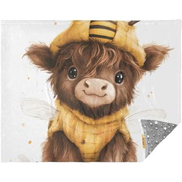 Imagem de Cobertores e mantas macios personalizados de vaca Highland com abelha, grande, presentes de viagem, xadrez, 177,8 x 139,7 cm