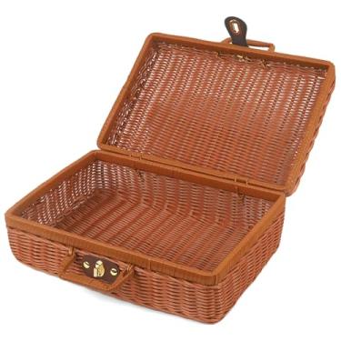 Imagem de Cesta de piquenique de vime de imitação, cesta de piquenique vintage com trava de imitação de vime com alça para diversos, viagens, acampamento e festa ao ar livre (marrom claro, 35 x 25 x 13 cm)