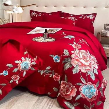 Imagem de Conjunto de cama de algodão com bordado de peônias, capa de edredom, lençol e fronhas para casamento, têxteis para o lar, vermelho, lençol de baixo com elástico, 1,5 MBed