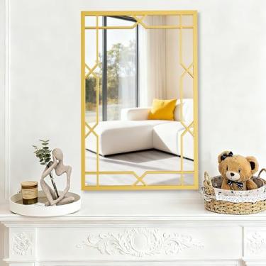 Imagem de Espelhos de parede decorativos grandes, espelho dourado de 61 cm x 91 cm para banheiro, decoração de parede com moldura de metal para sala de estar, espelho de fazenda moderno