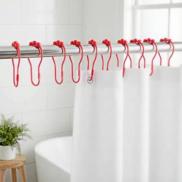 Imagem de 12 anéis de ganchos de cortina de chuveiro, ganchos de chuveiro de metal à prova de ferrugem para varões de banheiro, resistente, design de bola - vermelho