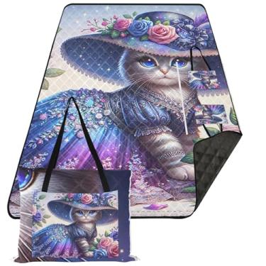 Imagem de TSENQUE Engraçado Gato Moda Queen Tapete Grande Cobertor de Piquenique Bonito Cobertor de Praia Impermeável Estampa À Prova de Areia Cobertor de Camping para Grama 203 cm x 152 cm